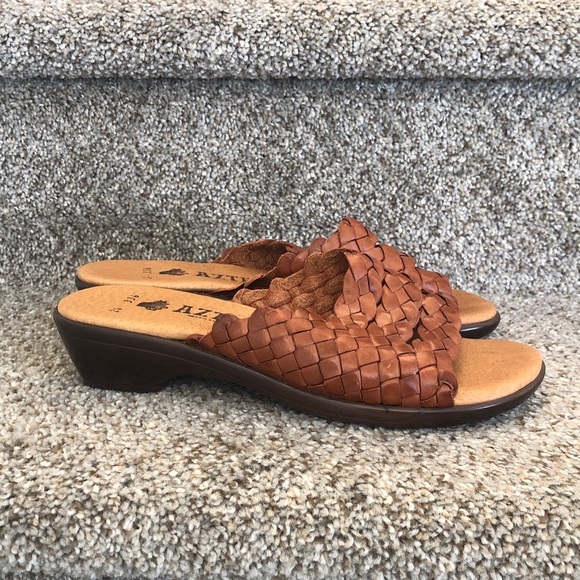 Aztec Shoes - Aztec Braided Leather Slide Mules in Cognac